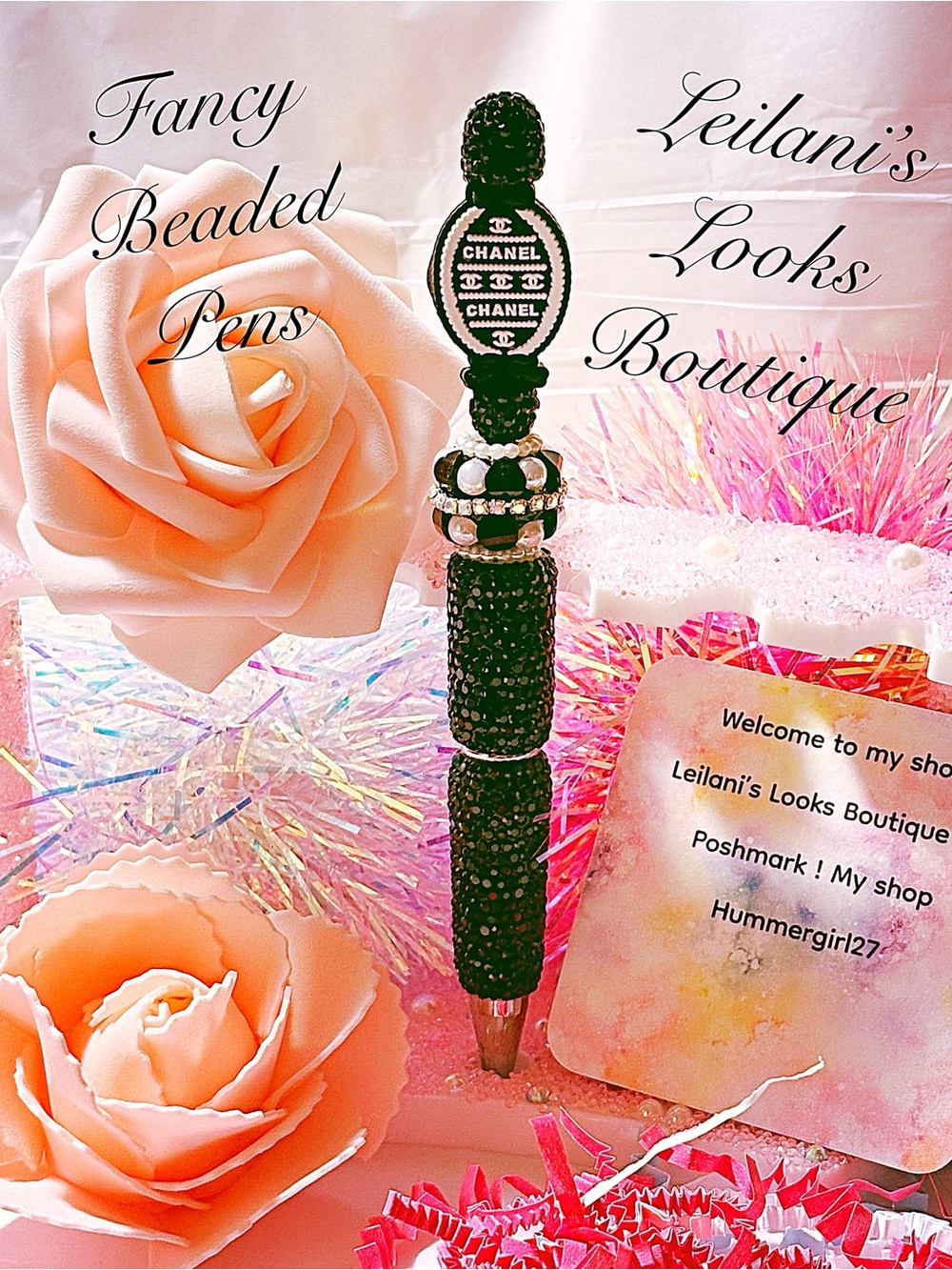 Fancy beaded Pen/gifts/black oval / black bow/black beads